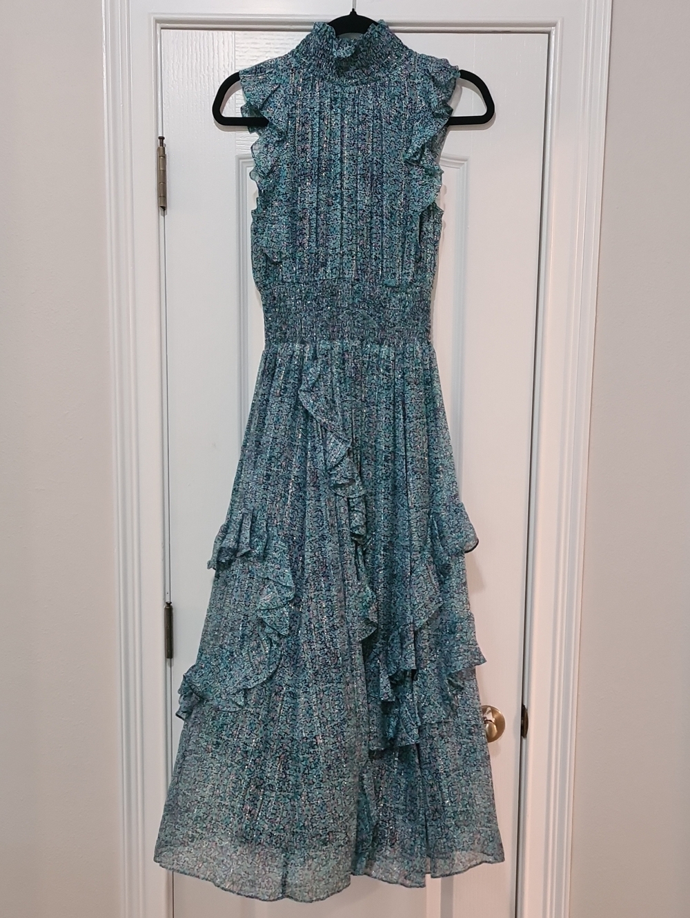 Rebecca Taylor - Teal Metallic Floral Ruffle Maxi Dress